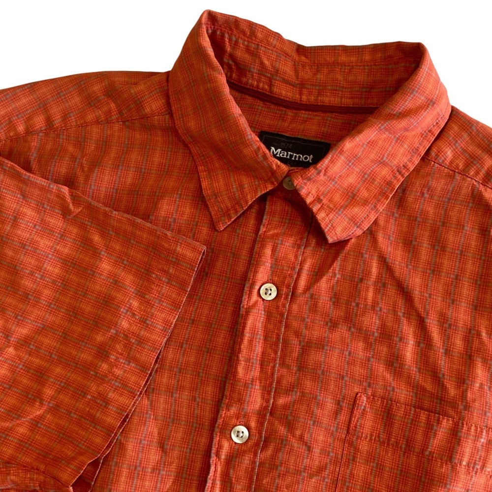 Marmot Mens Large Orange Plaid Short Sleeve Button Down Hiking Shirt‎ Pocket